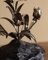 Brutalist Brass Flower Sculpture on Stone Base, United States, 1960s - Lone Fox