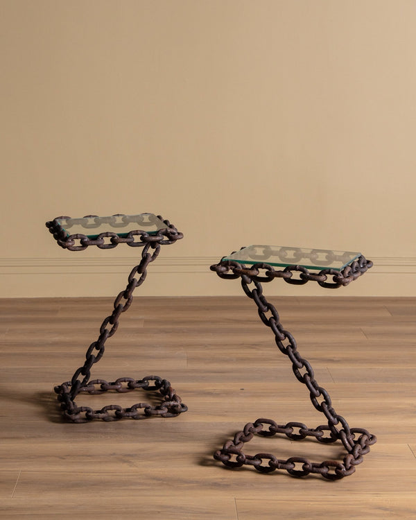 Brutalist Chain Link & Glass Side Tables, France, 1970's (2 Available) - Lone Fox