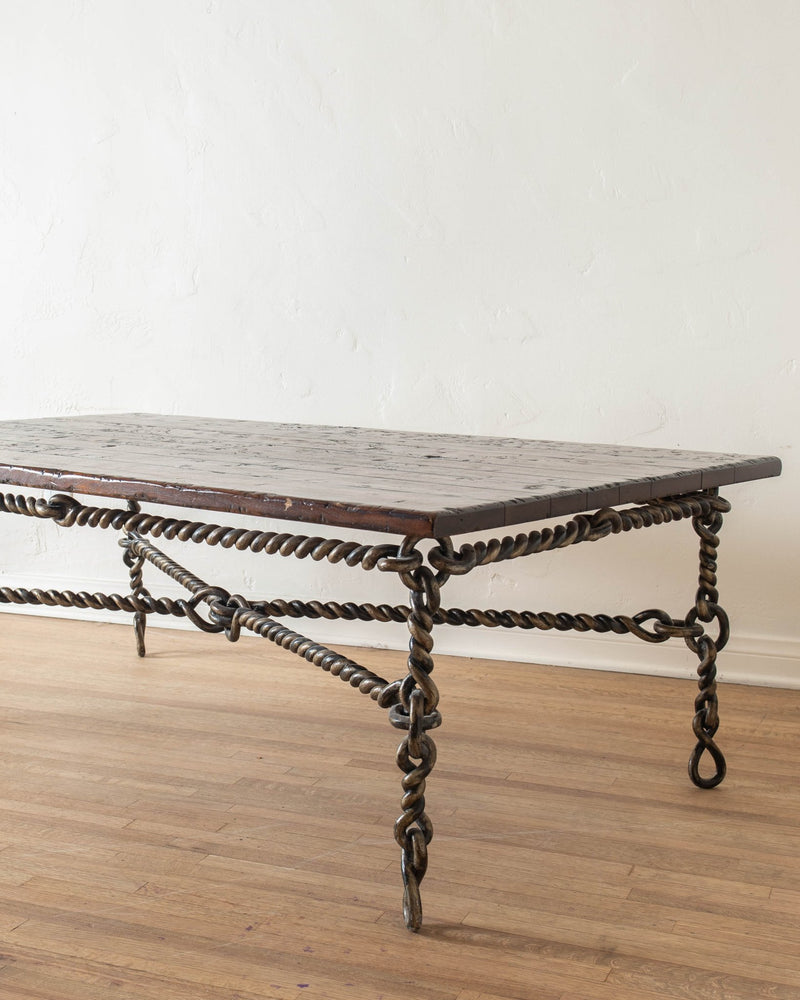 Brutalist Coiled Iron & Rustic Wood Coffee Table - Lone Fox