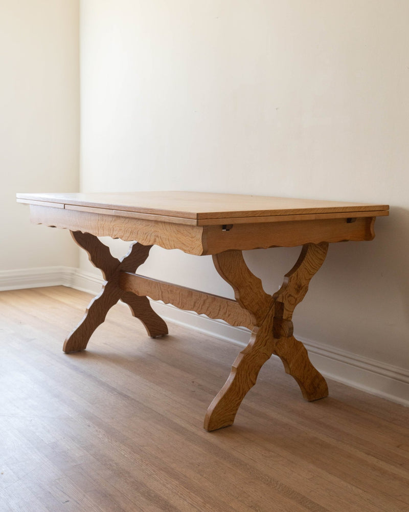 Brutalist Danish Oak Extendable Trestle Dining Table, 1970's - Lone Fox