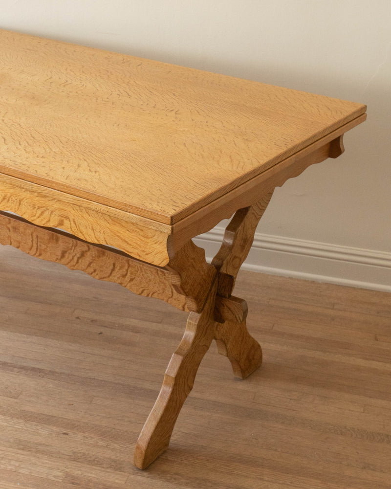 Brutalist Danish Oak Extendable Trestle Dining Table, 1970's - Lone Fox