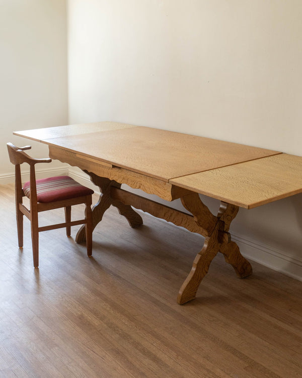 Brutalist Danish Oak Extendable Trestle Dining Table, 1970's - Lone Fox