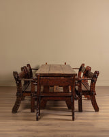 Brutalist Gouge Carved Mortise & Tenon Dining Set, France, 1940's (7 Pieces) - Lone Fox