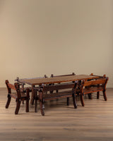 Brutalist Gouge Carved Mortise & Tenon Dining Set, France, 1940's (7 Pieces) - Lone Fox