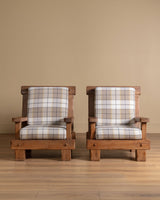 Brutalist Oak Armchairs in New Hampshire Plaid, Netherlands, 1970's (2 available) - Lone Fox