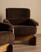 Brutalist Oak & Chocolate Chenille Lounge Chairs, Denmark, 1960's (2 Available) - Lone Fox
