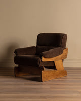 Brutalist Oak & Chocolate Chenille Lounge Chairs, Denmark, 1960's (2 Available) - Lone Fox