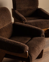 Brutalist Oak & Chocolate Chenille Lounge Chairs, Denmark, 1960's (2 Available) - Lone Fox