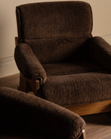 Brutalist Oak & Chocolate Chenille Lounge Chairs, Denmark, 1960's (2 Available) - Lone Fox