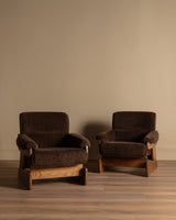 Brutalist Oak & Chocolate Chenille Lounge Chairs, Denmark, 1960's (2 Available) - Lone Fox