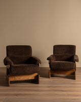 Brutalist Oak & Chocolate Chenille Lounge Chairs, Denmark, 1960's (2 Available) - Lone Fox