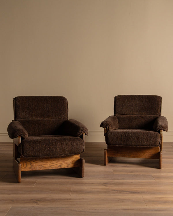 Brutalist Oak & Chocolate Chenille Lounge Chairs, Denmark, 1960's (2 Available) - Lone Fox
