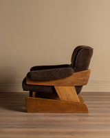 Brutalist Oak & Chocolate Chenille Lounge Chairs, Denmark, 1960's (2 Available) - Lone Fox