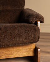 Brutalist Oak & Chocolate Chenille Lounge Chairs, Denmark, 1960's (2 Available) - Lone Fox