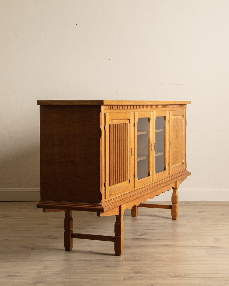 Brutalist Oak & Glass Front Sideboard by Henning Kjaernulf, Denmark, 1970's - Lone Fox
