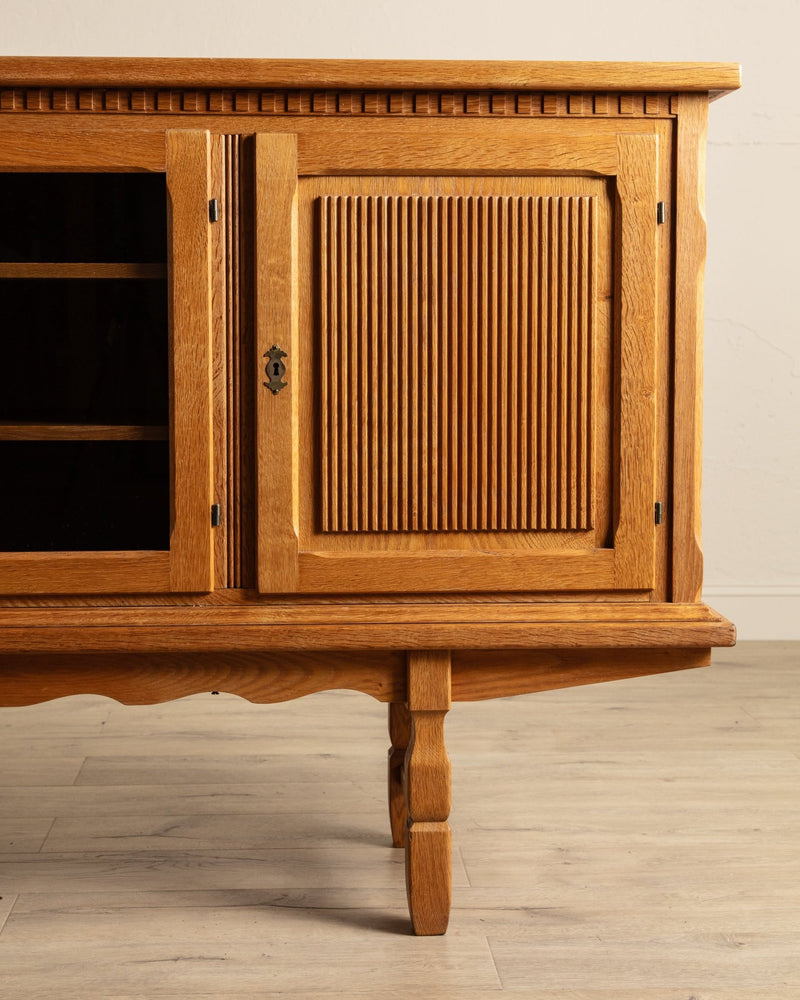 Brutalist Oak & Glass Front Sideboard by Henning Kjaernulf, Denmark, 1970's - Lone Fox
