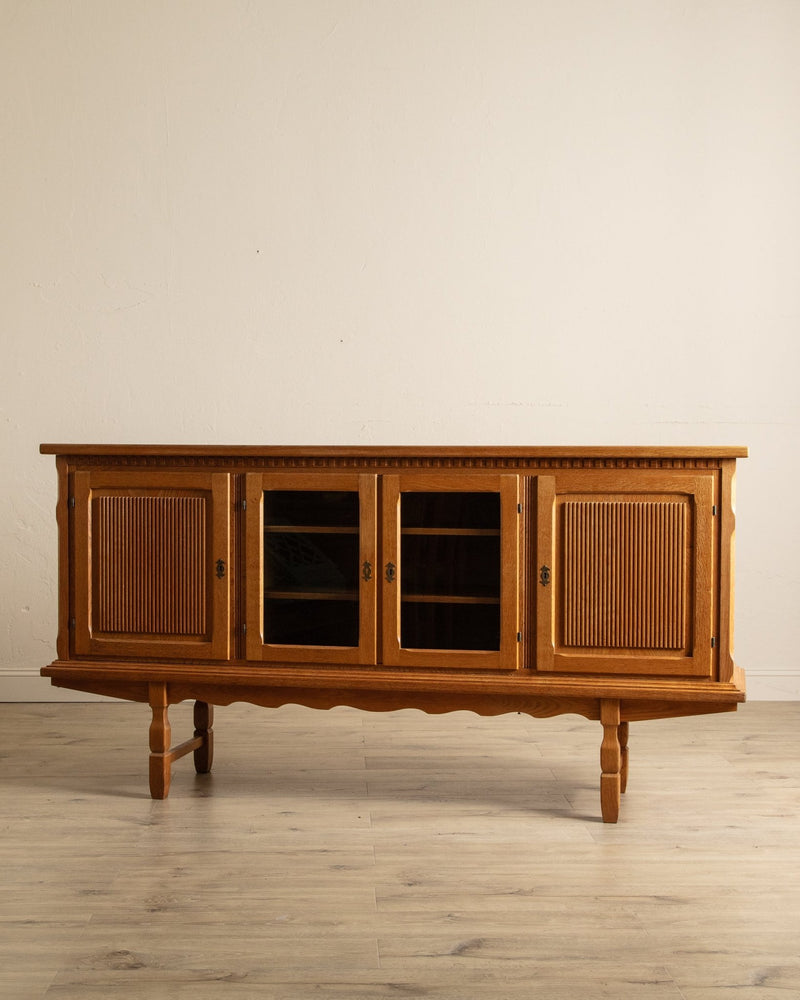 Brutalist Oak & Glass Front Sideboard by Henning Kjaernulf, Denmark, 1970's - Lone Fox