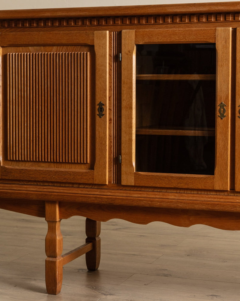 Brutalist Oak & Glass Front Sideboard by Henning Kjaernulf, Denmark, 1970's - Lone Fox