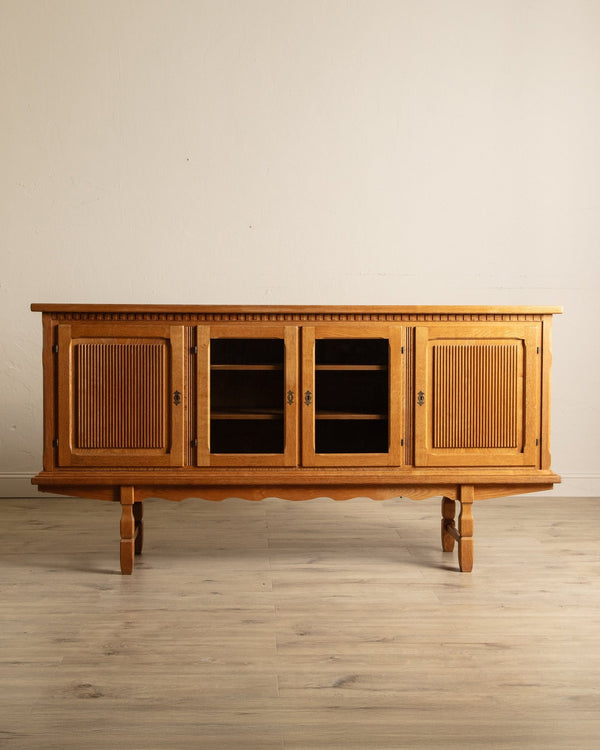 Brutalist Oak & Glass Front Sideboard by Henning Kjaernulf, Denmark, 1970's - Lone Fox