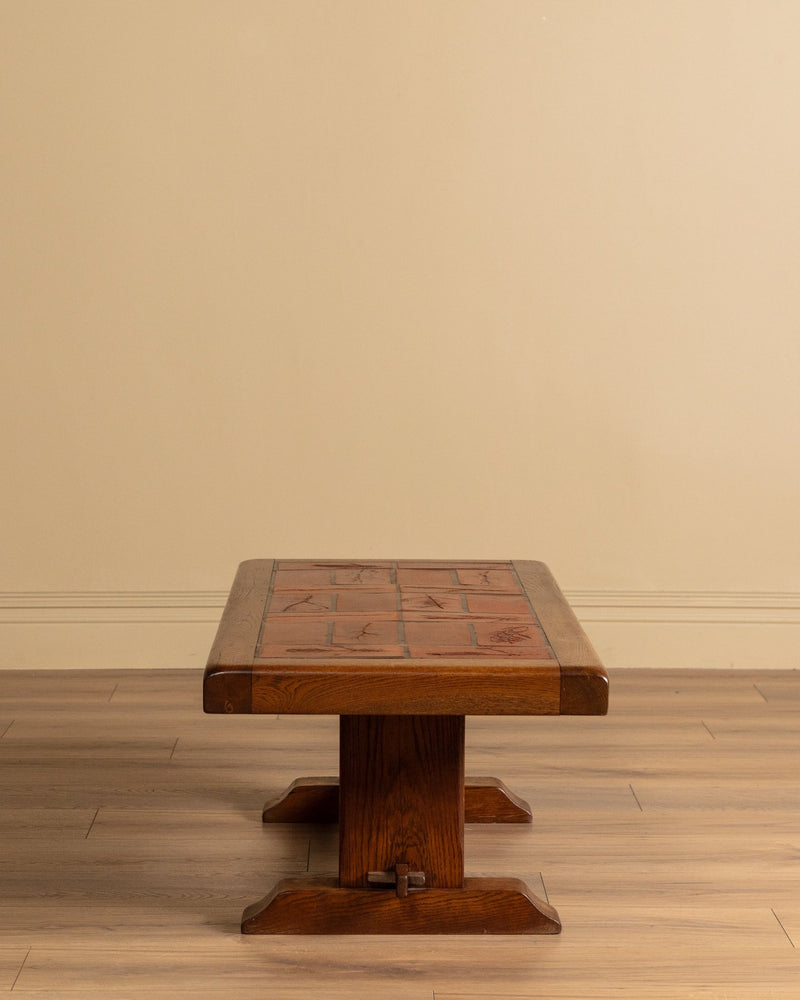 Brutalist Oak & Tile Coffee Table, Signed R. Blanchard, French
