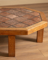 Brutalist Oak & Tile Eight Sided Coffee Table, France, 1960's - Lone Fox