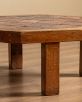 Brutalist Oak & Tile Eight Sided Coffee Table, France, 1960's - Lone Fox