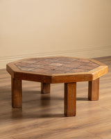 Brutalist Oak & Tile Eight Sided Coffee Table, France, 1960's - Lone Fox