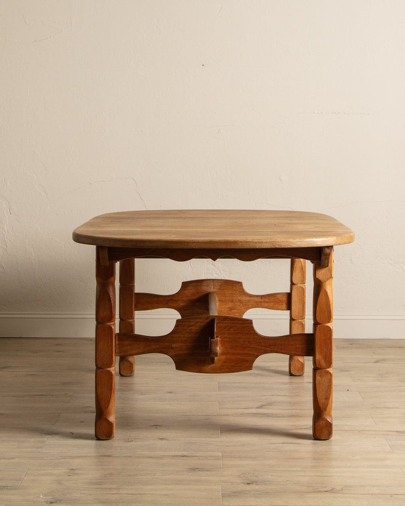 Brutalist Oak Trestle Base Expandable Dining Table, Denmark, 1970's - Lone Fox