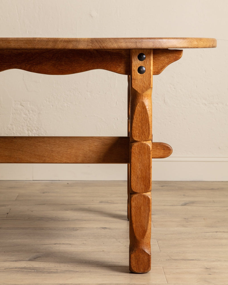 Brutalist Oak Trestle Base Expandable Dining Table, Denmark, 1970's - Lone Fox