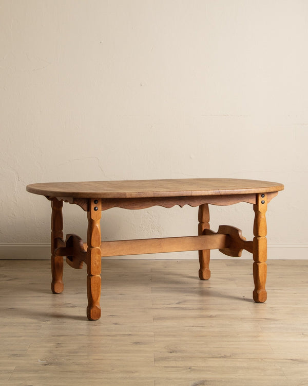 Brutalist Oak Trestle Base Expandable Dining Table, Denmark, 1970's - Lone Fox