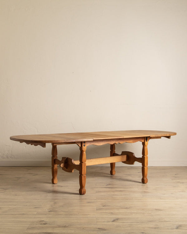 Brutalist Oak Trestle Base Expandable Dining Table, Denmark, 1970's - Lone Fox