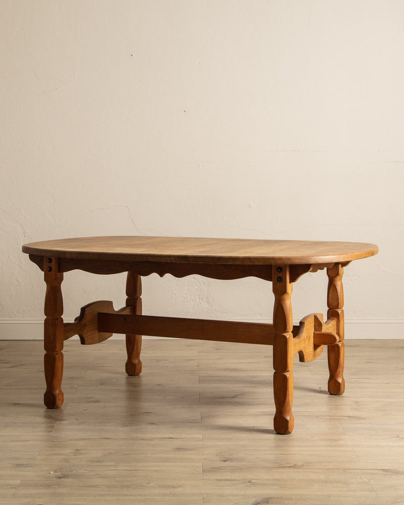 Brutalist Oak Trestle Base Expandable Dining Table, Denmark, 1970's - Lone Fox