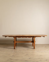 Brutalist Oak Trestle Base Expandable Dining Table, Denmark, 1970's - Lone Fox