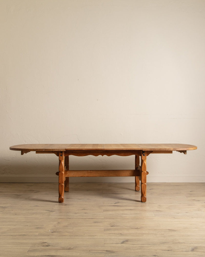 Brutalist Oak Trestle Base Expandable Dining Table, Denmark, 1970's - Lone Fox
