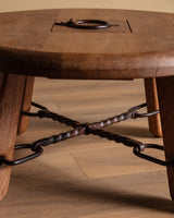 Brutalist Round Oak Coffee Table w/ Twisted Iron Stretcher, France, 1960's - Lone Fox