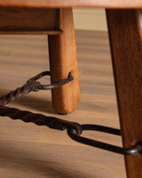 Brutalist Round Oak Coffee Table w/ Twisted Iron Stretcher, France, 1960's - Lone Fox