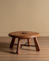 Brutalist Round Oak Coffee Table w/ Twisted Iron Stretcher, France, 1960's - Lone Fox