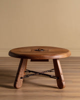 Brutalist Round Oak Coffee Table w/ Twisted Iron Stretcher, France, 1960's - Lone Fox