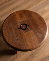 Brutalist Round Oak Coffee Table w/ Twisted Iron Stretcher, France, 1960's - Lone Fox
