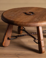Brutalist Round Oak Coffee Table w/ Twisted Iron Stretcher, France, 1960's - Lone Fox