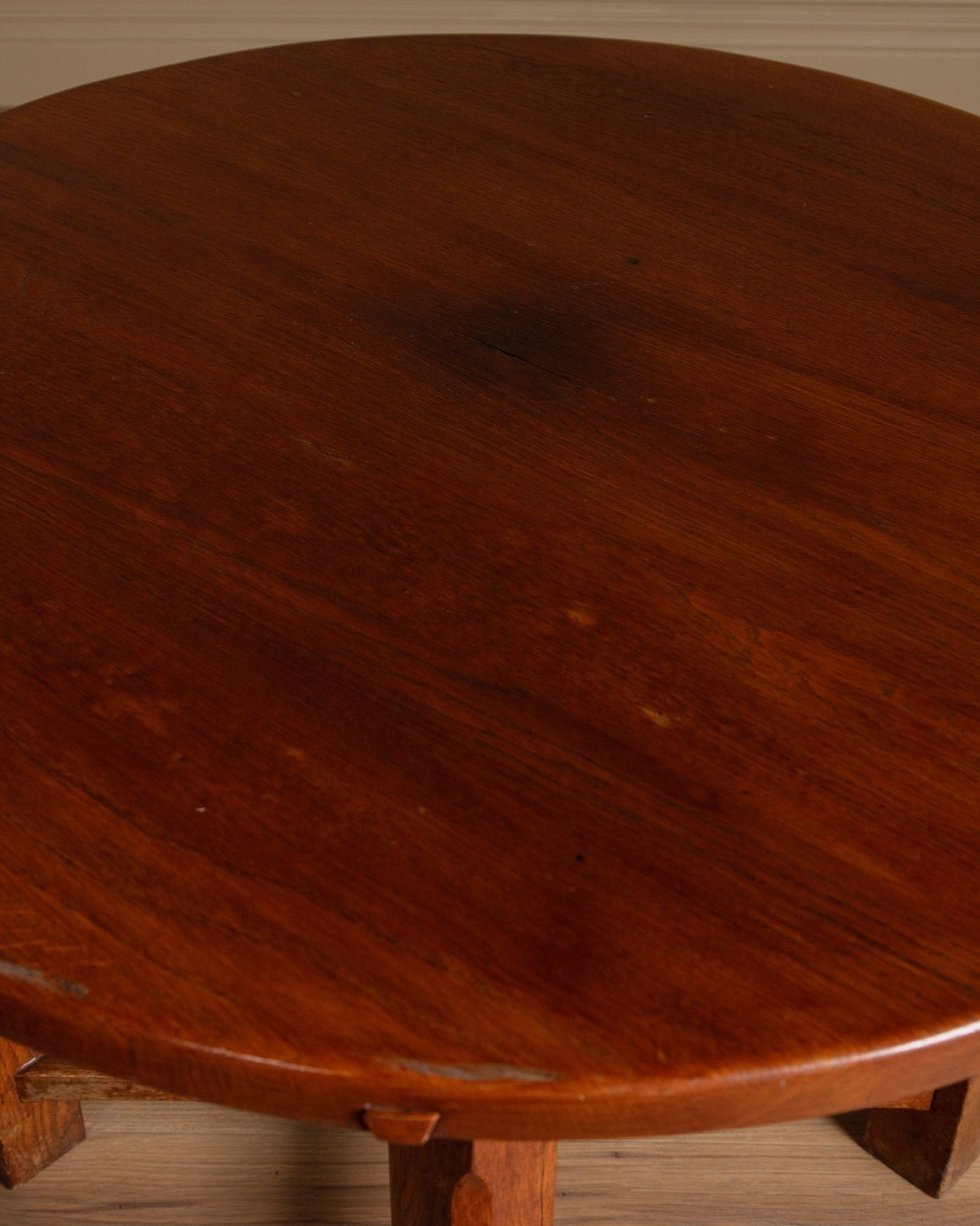 Brutalist Round Oak Dining Table w/ Stretcher, France, 1950's