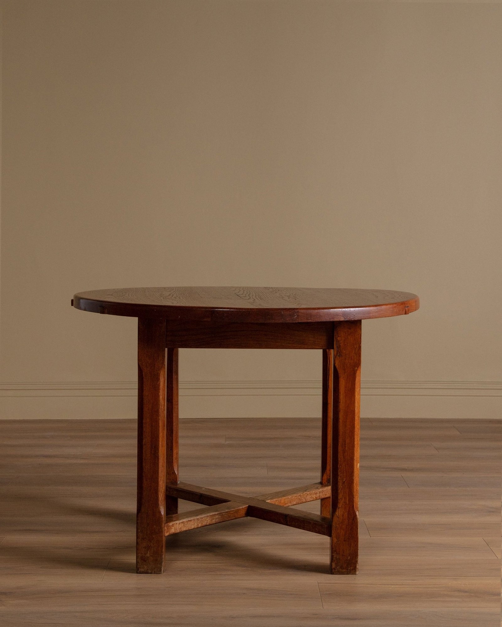 Brutalist Round Oak Dining Table w/ Stretcher, France, 1950