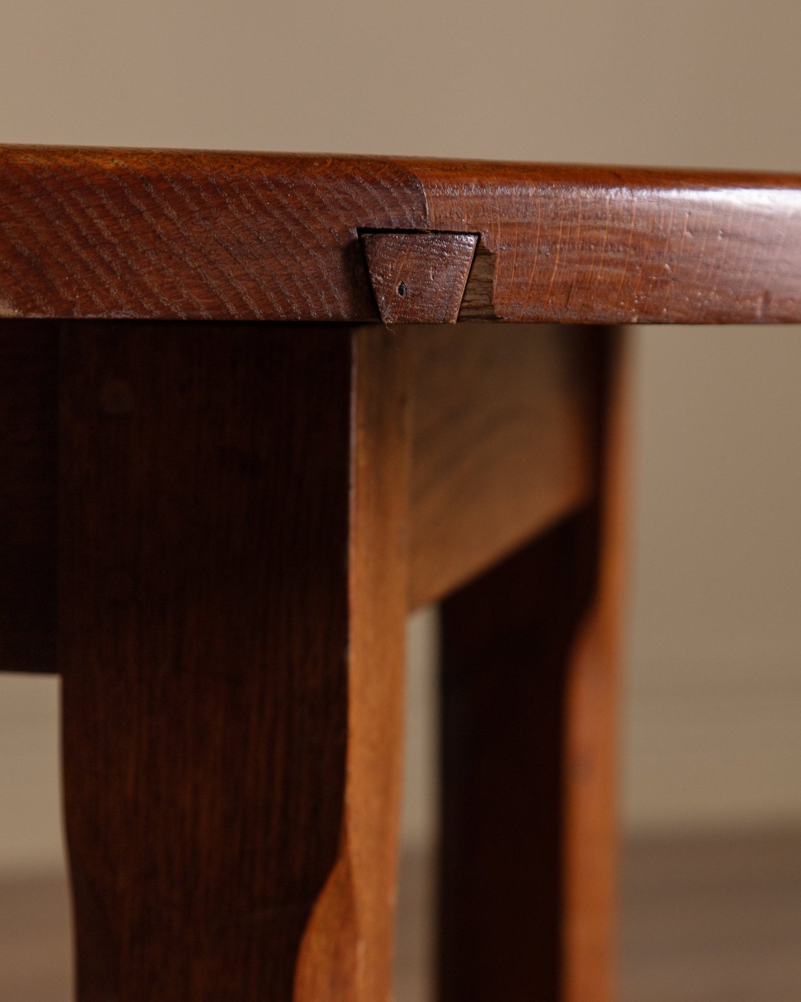Brutalist Round Oak Dining Table w/ Stretcher, France, 1950's