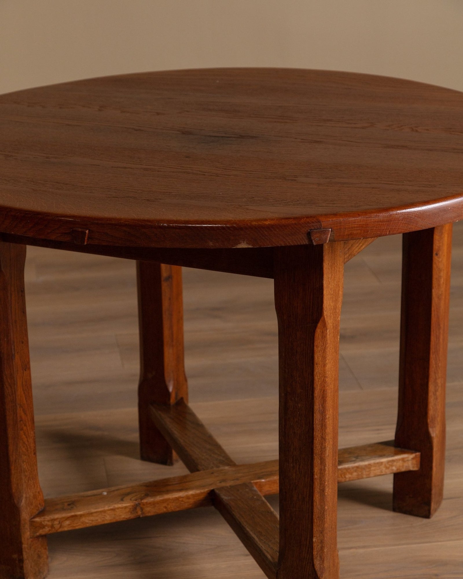 Brutalist Round Oak Dining Table w/ Stretcher, France, 1950's