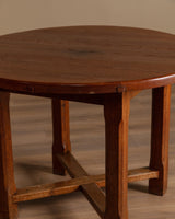 Brutalist Round Oak Dining Table w/ Stretcher, France, 1950's - Lone Fox