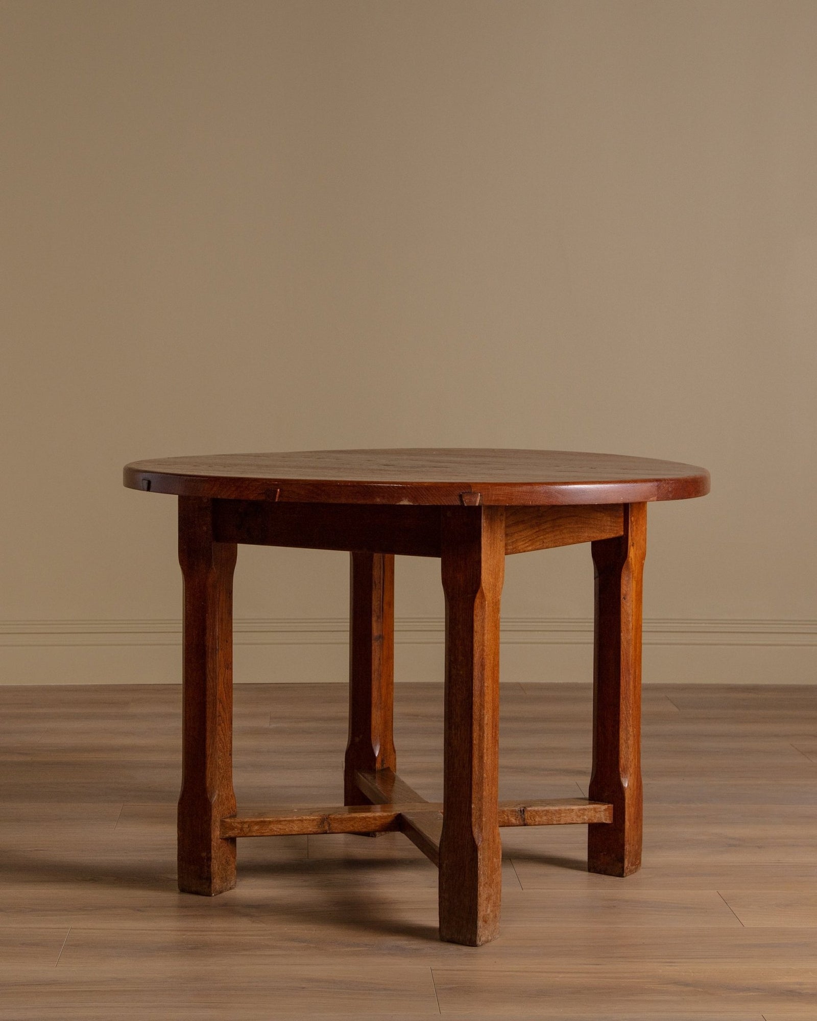 Brutalist Round Oak Dining Table w/ Stretcher, France, 1950's