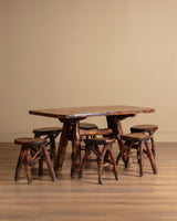 Brutalist Rustic Wood Dining Set w/ 6 Stools, 1960's - Lone Fox