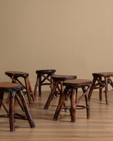 Brutalist Rustic Wood Dining Set w/ 6 Stools, 1960's - Lone Fox