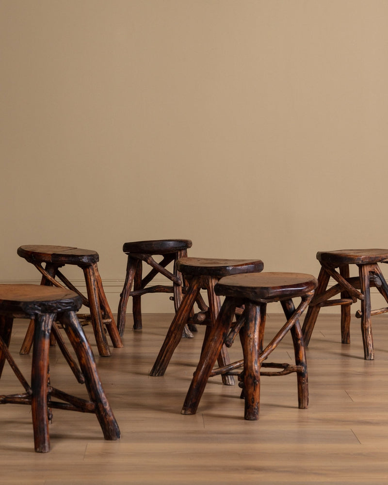 Brutalist Rustic Wood Dining Set w/ 6 Stools, 1960's – Lone Fox