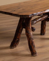 Brutalist Rustic Wood Dining Set w/ 6 Stools, 1960's - Lone Fox